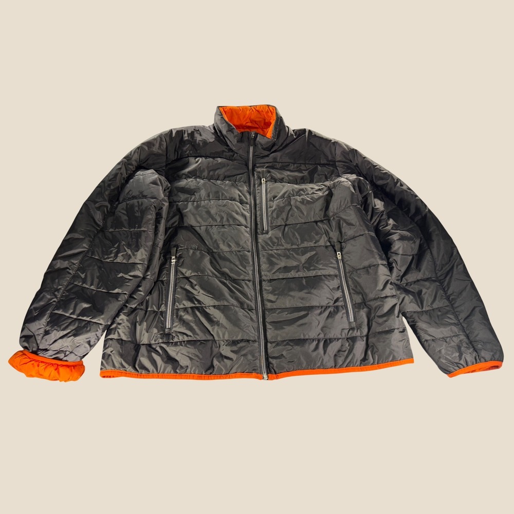 Lands End Mens XL PrimaLoft Quilted Puffer Jacket Black Orange Insulated Coat